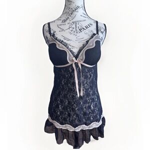Y2K Linea Donatella Black Lace Babydoll Chemise Lingerie Ruffle fairy whimsy